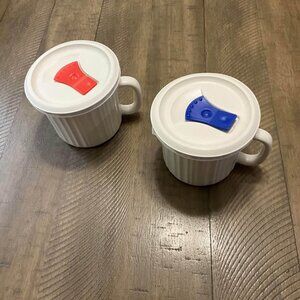 Corningware French White Soup Mugs with Vented Lid Stoneware 20 oz